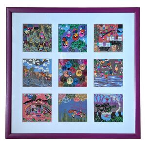 Framed Matted Silkscreen Embroidery 21"x21" Purple Frame Maximalism Asian China